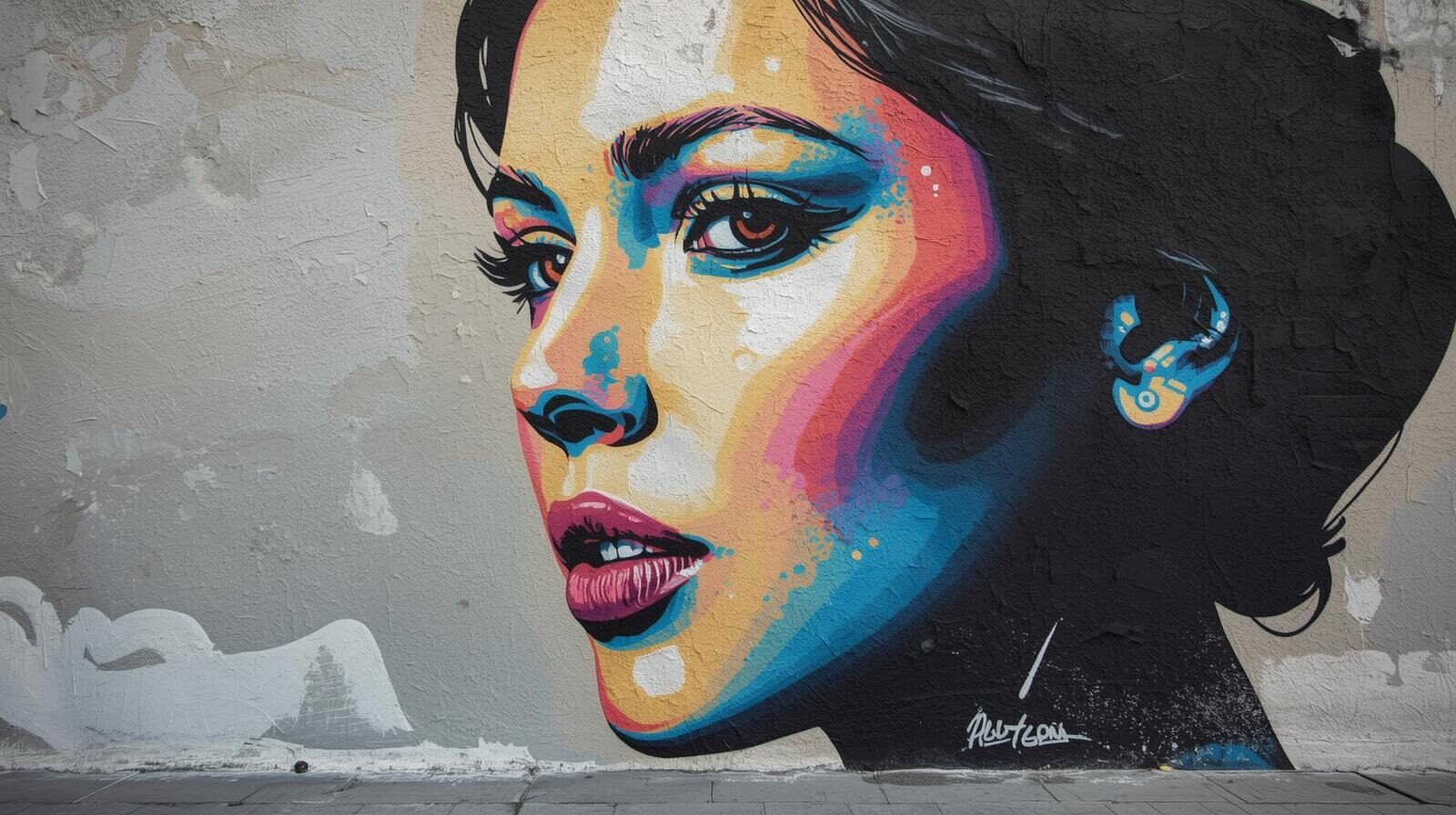 Pop-art vrouwportret als muurprint op witte bakstenen