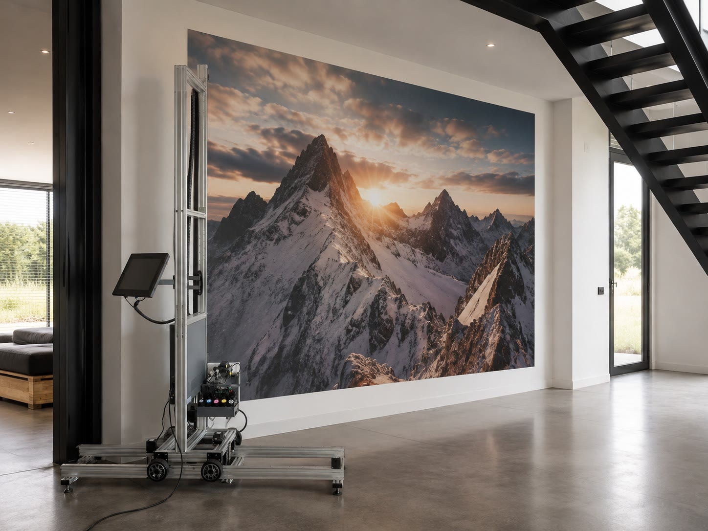 Wallprinter print een berglandschap op een muur in een moderne woonhal