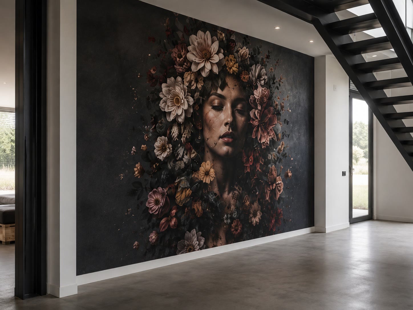 Muurprint van een portret met bloemen op een donkere wand in een hal