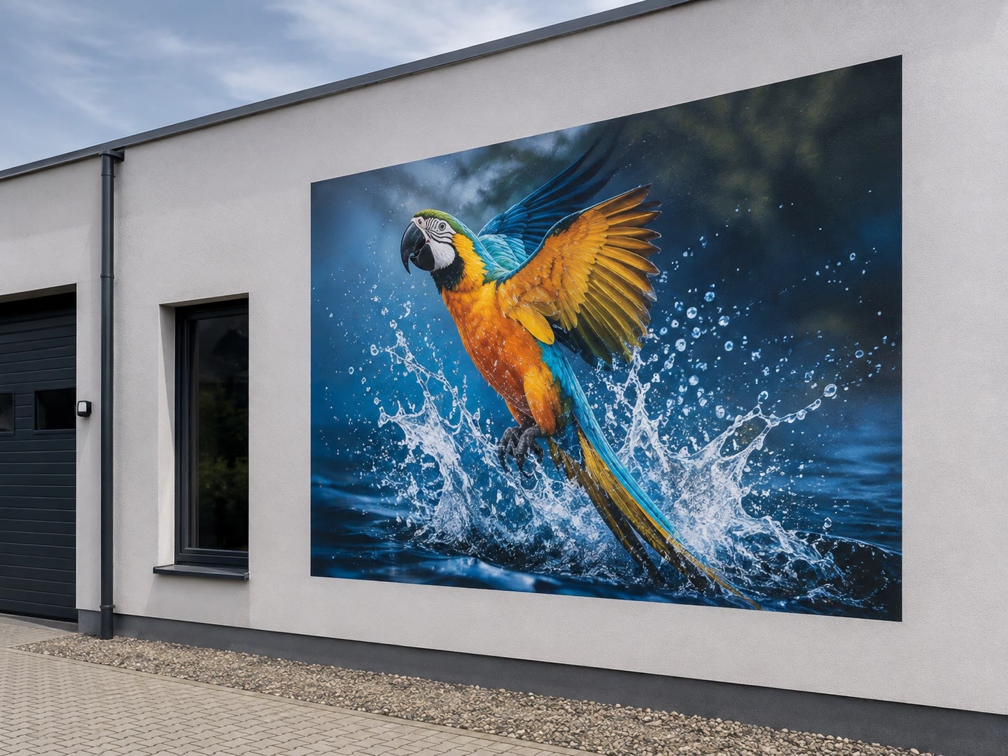 Muurprint van een papegaai met watersplash op een buitengevel