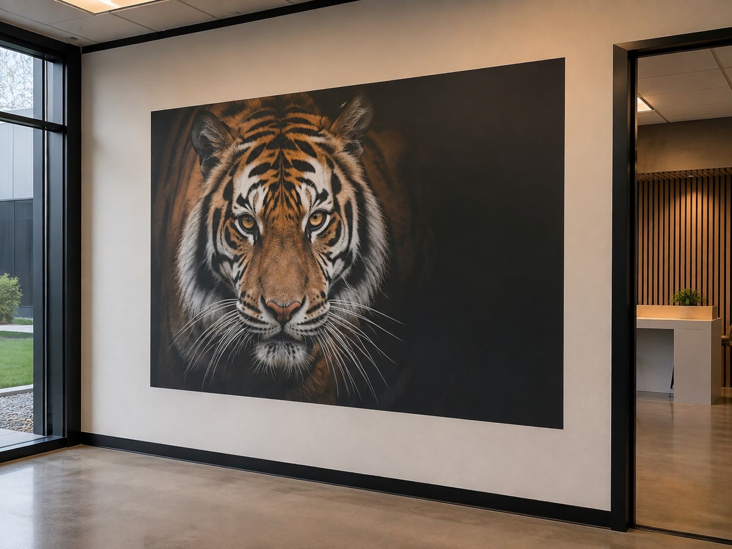 Muurprint van een tijger op een wand in een kantoor-entree